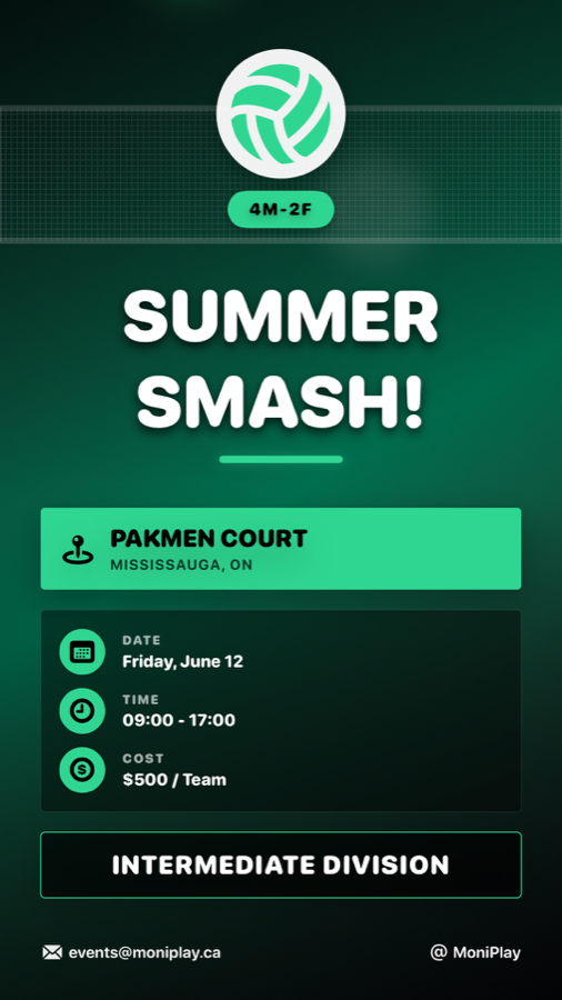Green volleyball tournament flyer for Summer Smash at Pakmen Court