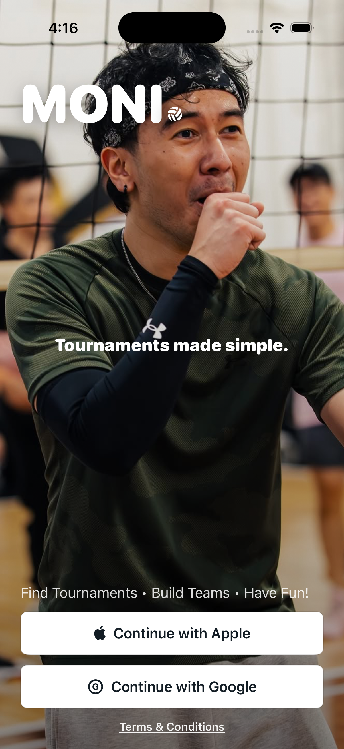 MONI iOS welcome screen with volleyball player background and Apple and Google sign-in buttons